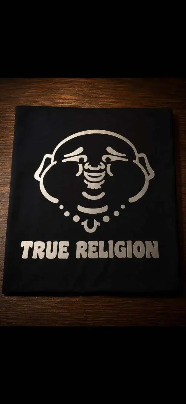 True Religion Men's Black Buddha Face Puff Print Crew Neck T-Shirt